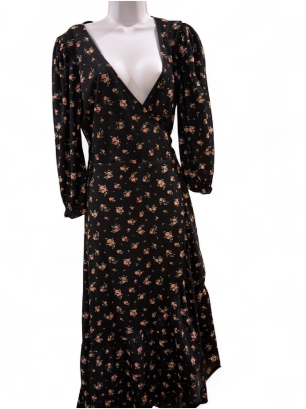 Black Floral Wrap-Style Long Sleeve Maxi Dress